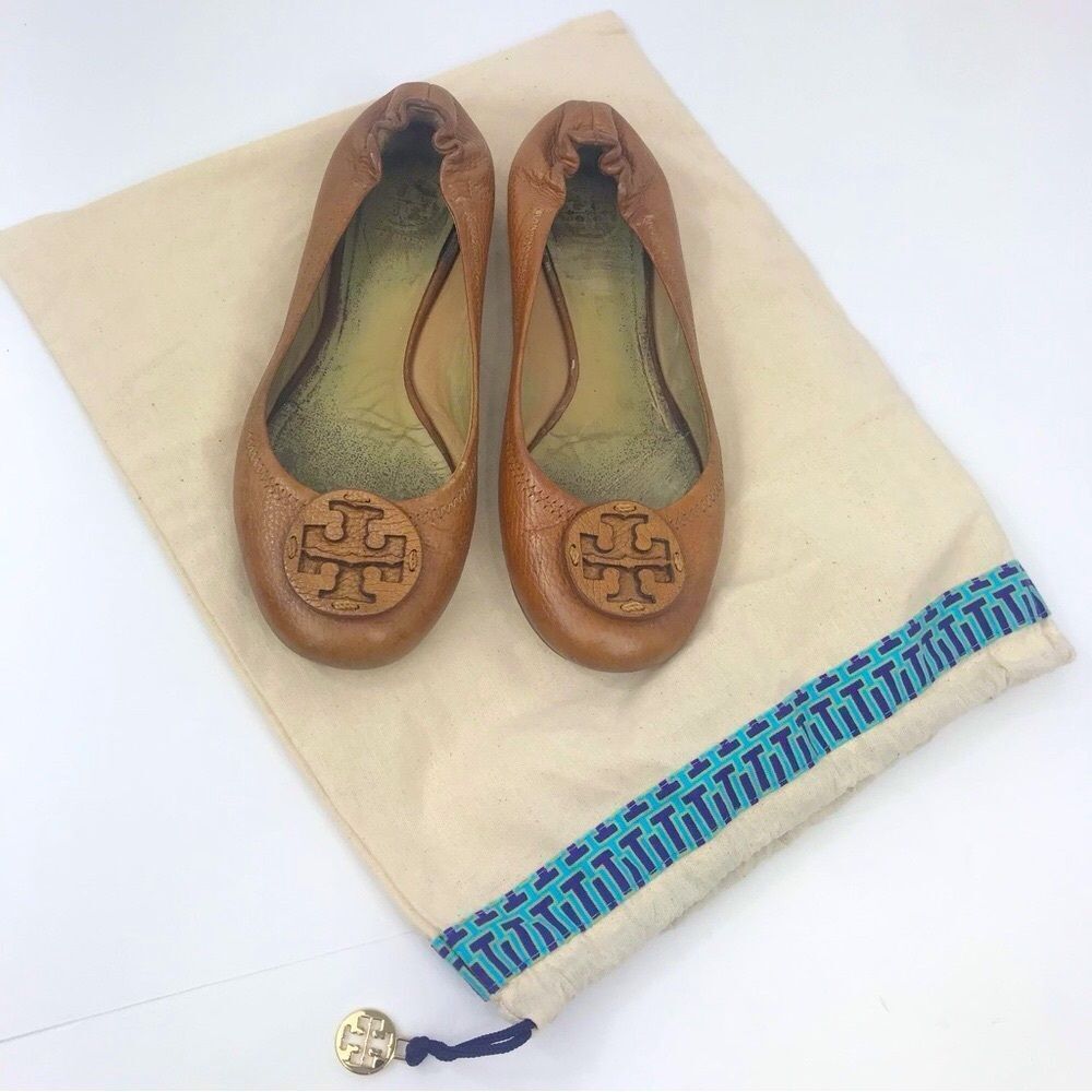 Tory Burch Brown Leather Logo Toe Medallion Slip On Ballet Flats With Duster Bag